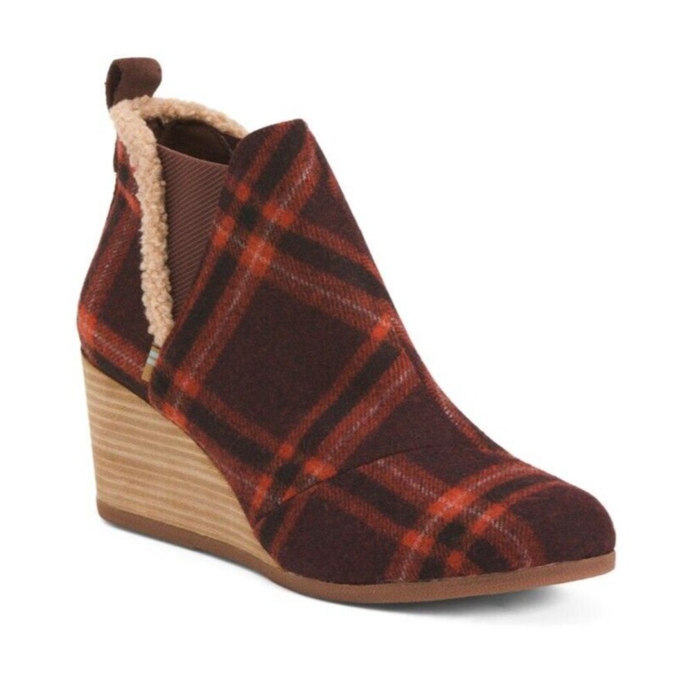 8.5 TOMS Women's Kelsey Wedge Red Plaid Bootie